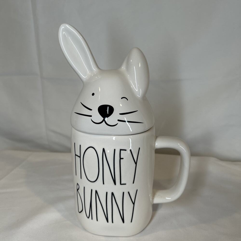 New Rae Dunn by Magenta "Honey Bunny" WHITE Mug with Bunny Head Topper
